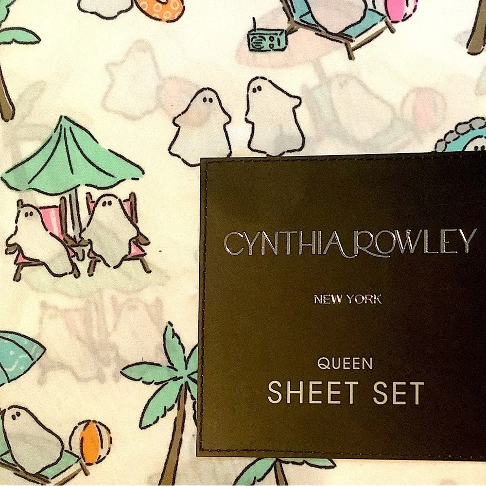 Cynthia Rowley Summerween Halloween Ghosts 4 Pc Queen Sheet Set New